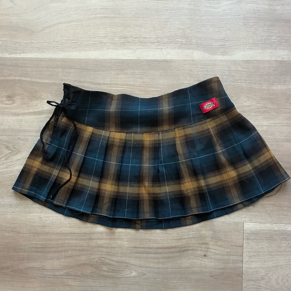 Reworked Dickies Plaid Pleated Mini Skirt in Black and Brown